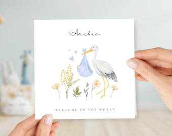 Personalized Square Baby Shower Card for Newborn Baby Boy and Mom-to-be With Stork