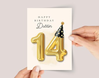 Personalized 14th Birthday Card for Teen with Gold Number Balloons
