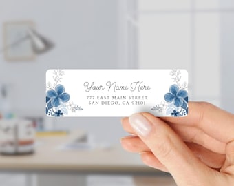 Return Address Labels with Blue Flowers for Weddings and Invitations
