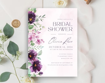 Printed Bridal Shower Invitations — Purple Florals & Pink Watercolor