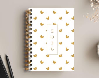 A5 Hardcover 2026/27 Daily and Weekly Planner With Gold Hearts, Size 8.2" x 5.8"