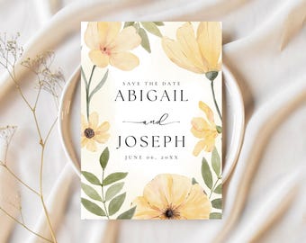 Printed Save the Dates With Yellow Watercolor Flowers and Green Leaves