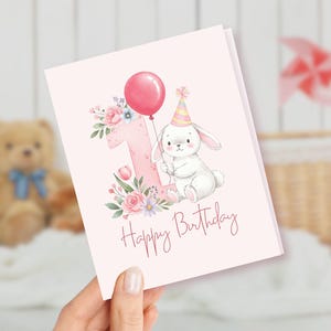 Cartão de primeiro aniversário com coelhinho fofo para crianças pequenas, aniversário de menina/menino