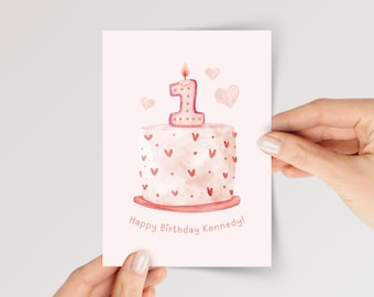 Personalized First Birthday Card for Baby Girl Turning One | Heart Cake with Candle