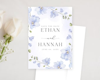 Printed Save the Dates With Watercolor Delphinium Flowers