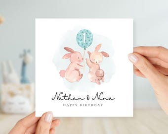 Any Age, Personalized Square First Birthday Card for Twin Baby Boys or Girls With Cute Bunnies