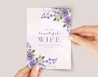 Personalized Birthday Card for Wife with Purple Roses