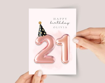 Personalized 21st Birthday Card for Daughter with Rose Gold Number Balloons