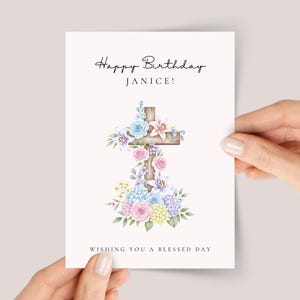 Christian Birthday Card with Cross and Flowers