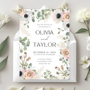 Eucalyptus & Blush Rose Wedding Invitations with RSVPs