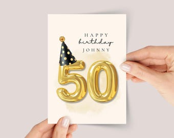 Personalized 50th Birthday Card for Husband/Wife with Gold Number Balloons
