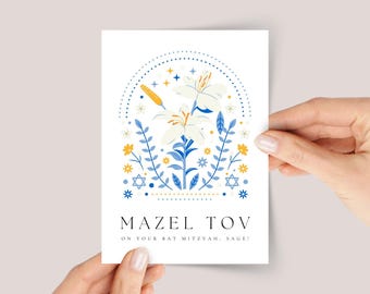 Personalized Bat Mitzvah Card With White Lilies for Girls Turning 12
