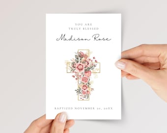 Personalized Baptism Card for Daughter/Granddaughter with Cross and Flowers