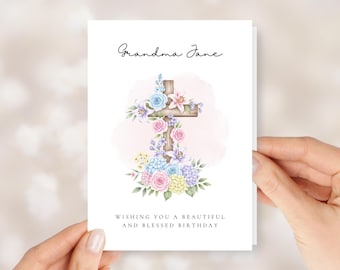 Personalized Birthday Card for Religious Grandma with Cross and Flowers