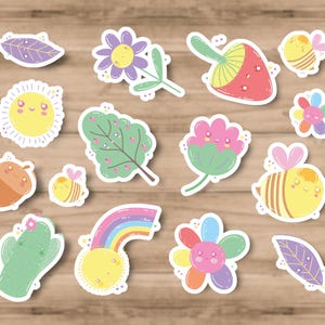 Paquete de pegatinas kawaii con plantas, abejas, cactus, hongos y flores adorables.