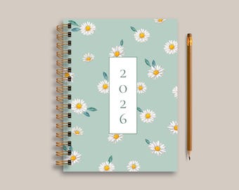 A5 Hardcover 2026/27 Daily and Weekly Planner With 14 Monthly Calendars, Size 8.2" x 5.8" - Green Daisies