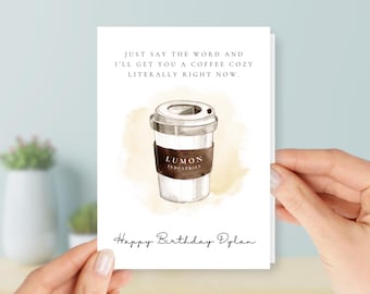 Funny Severance Birthday Card With Coffee Cozy Quote from Lumon Industries Show on Apple TV