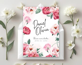 Printed Save the Dates With Pink and Red Watercolor Peonies