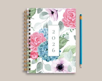 A5 Hardcover 2026/27 Daily and Weekly Planner With Blue and Pink Hydrangeas & Assorted Flowers, Size 8.2" x 5.8"