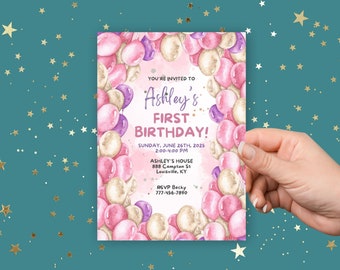 First Birthday Party Invitations - Pink & Purple Balloons