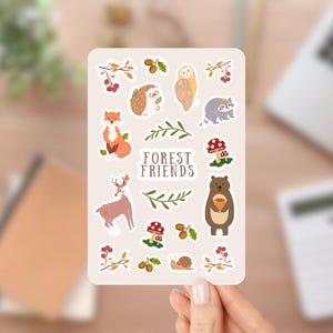 Feuille d'autocollants BuJo de 5 x 7 pouces avec de jolis animaux des bois, ours, cerf, renard, escargot, glands