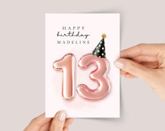 Personalized 13th Birthday Card for Teen Daughter with Rose Gold Balloons