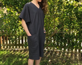 Dolman sleeve Linen dress with pockets, minimalist, loose fitting, customizable and made to order in Sussex, UK