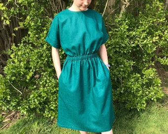 Linen dress with pockets, minimalist, elastic flexible waist, customizable and made to order in Sussex, UK