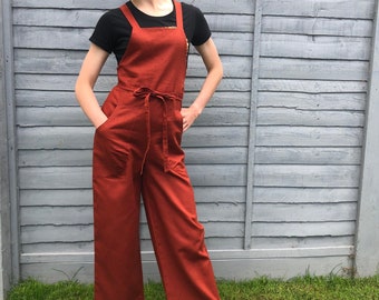 Linen dungarees with pockets, size-friendly pants, full length or cropped in variety of colours, made to order in Sussex, UK