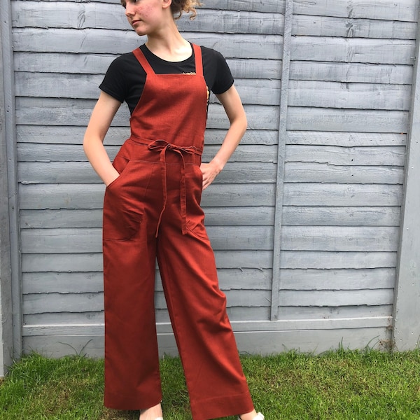 Linen dungarees with pockets, size-friendly pants, full length or cropped in variety of colours, made to order in Sussex, UK