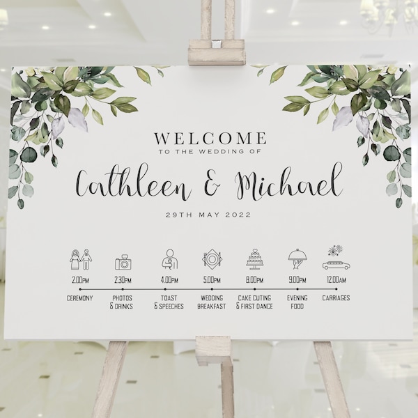 Personalised Wedding Welcome Sign Order of the Day, Green Eucalyptus Leaves - Canvas, Foam Board, Art Paper or Digital Format.Wedding Poster