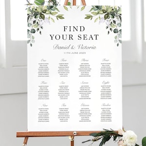 Personalised Wedding Seating Chart Green Eucalyptus Leaves - Minimalist Modern Design, Canvas, Foam Board, Art Paper or Digital Format.
