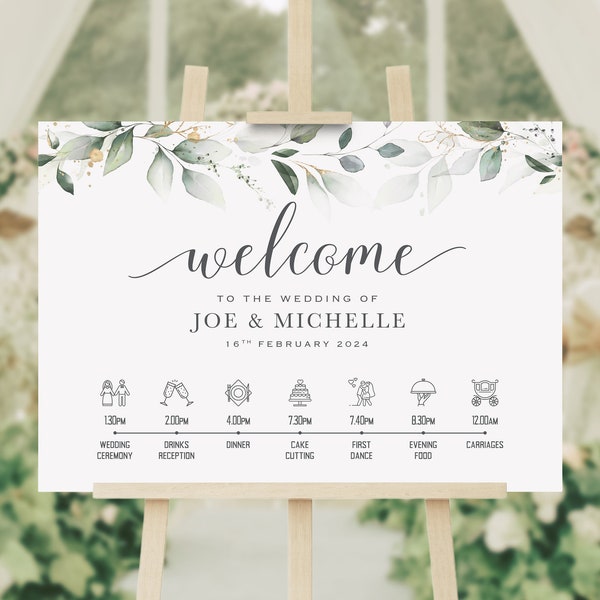 Personalised Wedding Welcome Sign Order of the Day, Green Eucalyptus Leaves - Canvas, Foam Board, Art Paper or Digital Format.Wedding Poster