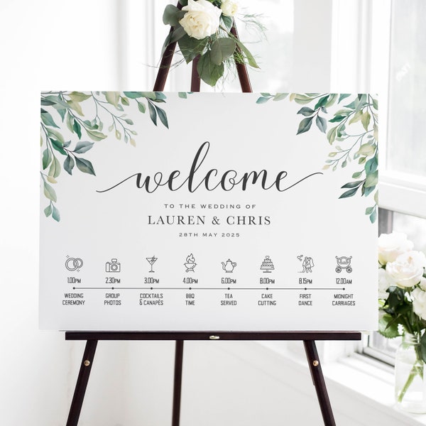 Personalised Wedding Welcome Sign Order of the Day, Green Eucalyptus Leaves - Canvas, Foam Board, Art Paper or Digital Format.Wedding Poster