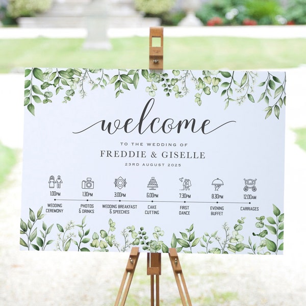 Personalised Wedding Welcome Sign Order of the Day, Green Eucalyptus Leaves - Canvas, Foam Board, Art Paper or Digital Format.Wedding Poster