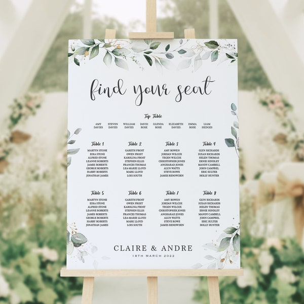 Personalised Wedding Seating Chart Green Eucalyptus Leaves - Minimalist Modern Design, Canvas, Foam Board, Art Paper or Digital Format.