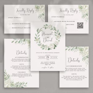 Faire-part de mariage personnalisé vert sauge/roses blanches avec enveloppes, RSVP et cartes détaillées - (pack d'échantillons)