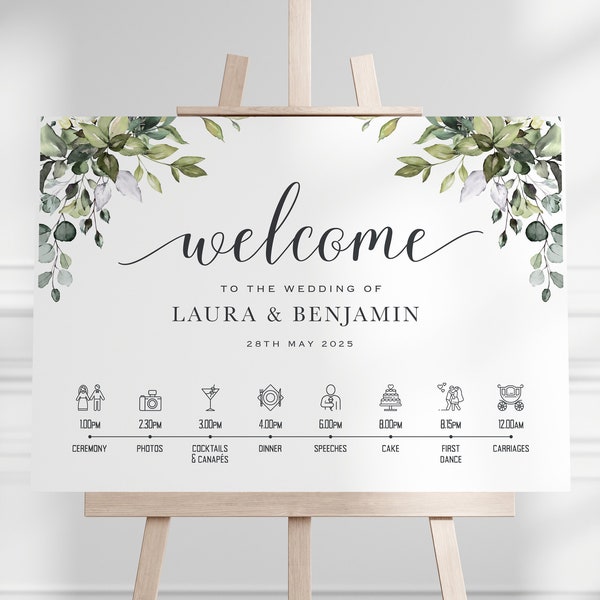 Personalised Wedding Welcome Sign Order of the Day, Green Eucalyptus Leaves - Canvas, Foam Board, Art Paper or Digital Format.Wedding Poster