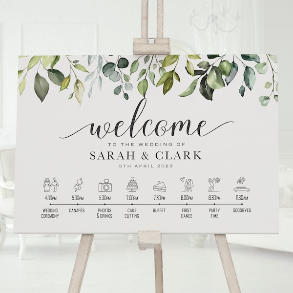 Personalised Wedding Welcome Sign Order of the Day, Green Eucalyptus Leaves - Canvas, Foam Board, Art Paper or Digital Format.Wedding Poster