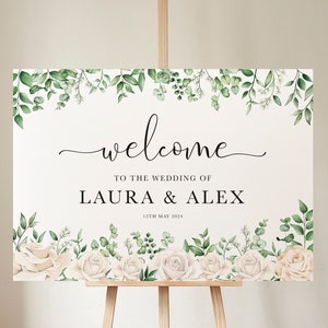 Wedding Welcome Sign Eucalyptus Leaves & White Flowers, Canvas, Foam Board, Art Paper or Digital Format. Wedding Sign Poster Welcome Board.