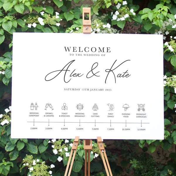 Personalised Wedding Welcome Sign Order of the Day Minimalist Mordern Design - Canvas, Foam Board, Art Paper or Digital Format. Sign Poster