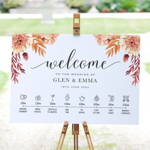 Orden del día del signo de bienvenida de boda personalizado, flor de otoño naranja: lienzo, tablero de espuma, papel de arte o formato digital. Póster de boda