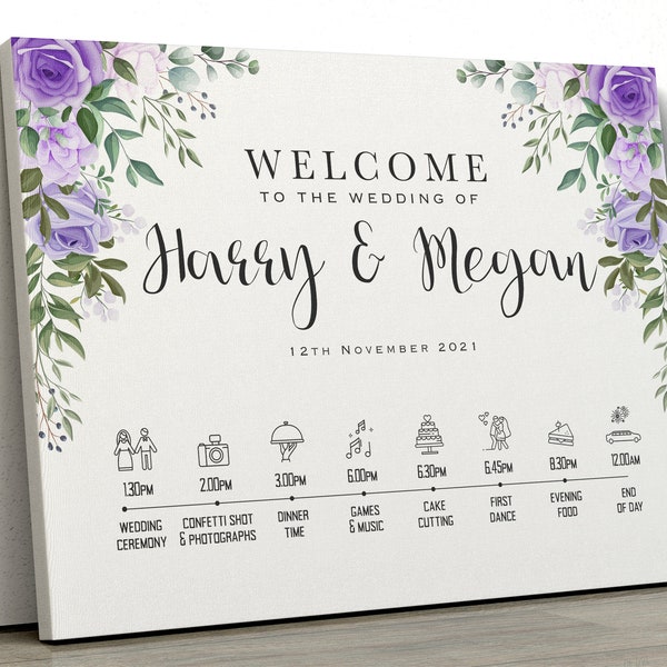 Personalised Wedding Welcome Sign Order of the Day, Purple Flower, Floral - Canvas, Foam Board, Art Paper or Digital Format.Wedding Poster