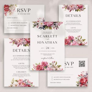 Gepersonaliseerde huwelijksuitnodiging roze/paarse bloemen met enveloppen, RSVP en detailkaarten - Gepersonaliseerde bloemenhuwelijksuitnodigingen