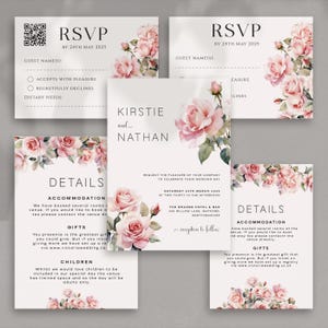 Gepersonaliseerde huwelijksuitnodiging roze rozen ontwerp met enveloppen, kaarten RSVP en details (voorbeeldpakket)