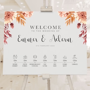 Personalised Wedding Welcome Sign Order of the Day, Pink Flower, Floral - Canvas, Foam Board, Art Paper or Digital Format.Wedding Poster