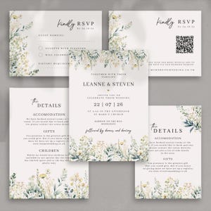 Faire-part de mariage personnalisé fleurs sauvages vertes avec enveloppes, RSVP et cartes détaillées - (pack d'échantillons)