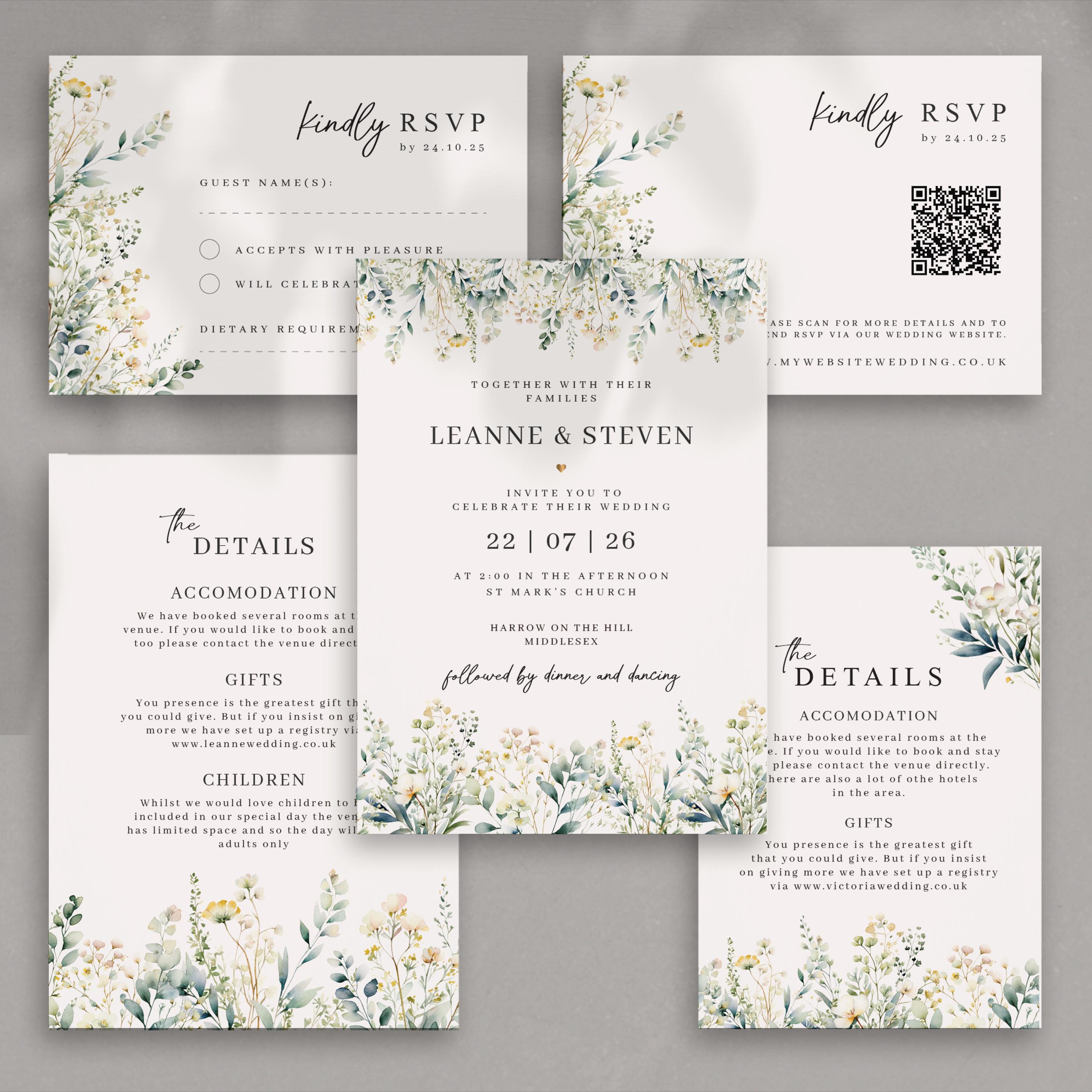 Personalised Wedding Invitation Green Wild Flowers With Envelopes