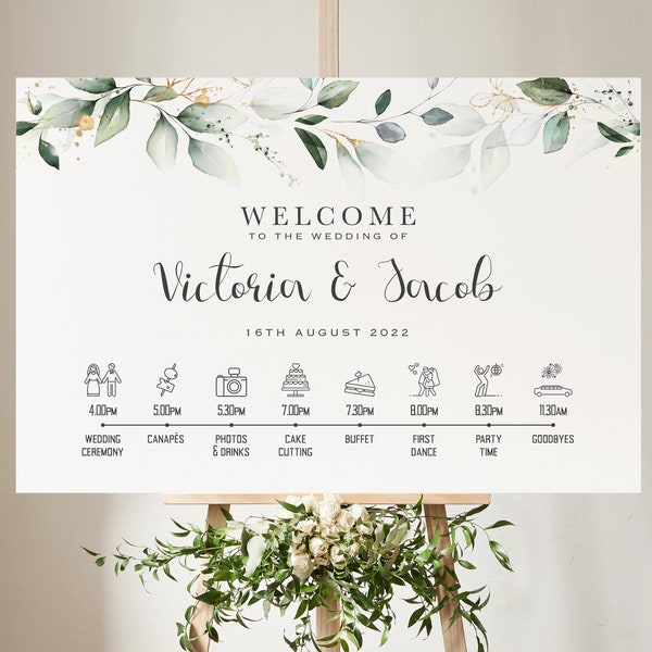 Personalised Wedding Welcome Sign Order of the Day, Green Eucalyptus Leaves - Canvas, Foam Board, Art Paper or Digital Format.Wedding Poster