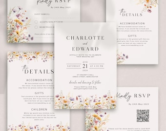 Personalised Wedding Invitation Spring Wild Flowers with Envelopes, RSVP & Details Cards -  (Sample Pack)